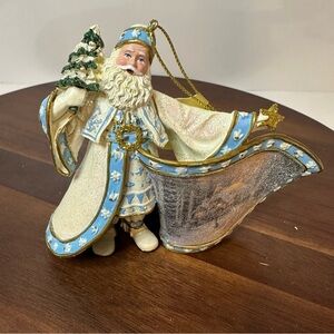Thomas Kinkade Santa Ornament Ashton-Drake Blue & Gold Winter Cottage Scene